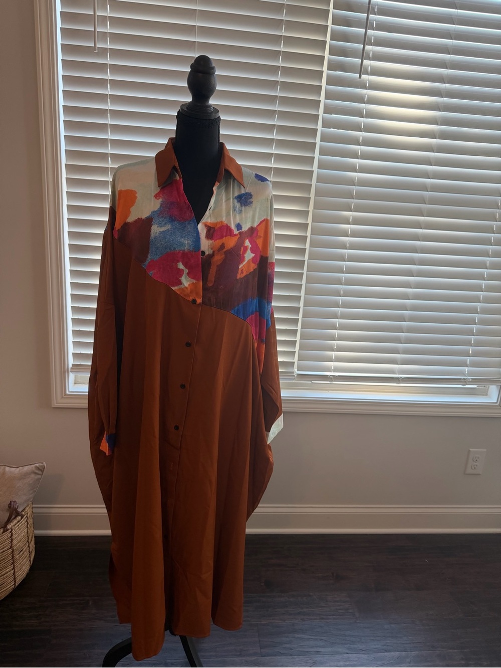 Colorblock Rust Button-Front Shirt Dress with Abstract Yoke